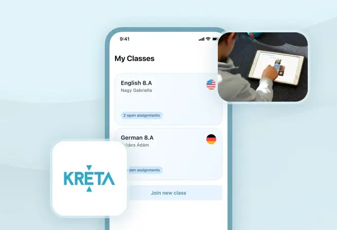 Screenshot of Xeropan's KRÉTA integration, showcasing a student using a tablet and the 'My Classes' feature, enabling K-12 students to access the full curriculum.