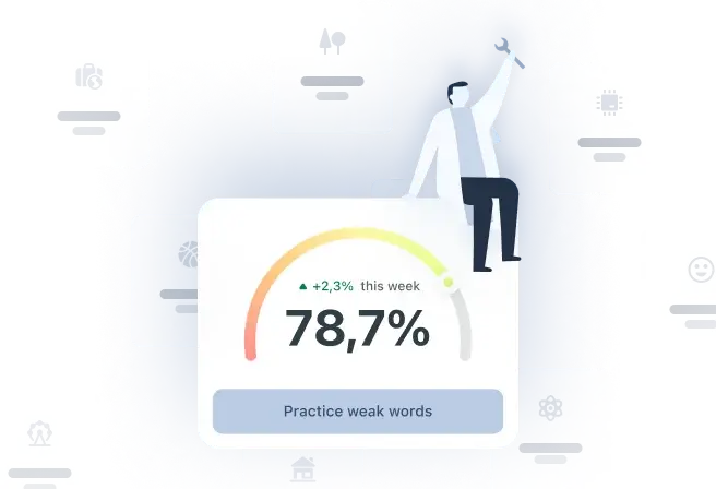 Vocabulary section showcasing over 9,000 commonly used expressions in English and German, with a progress tracker and practice option.