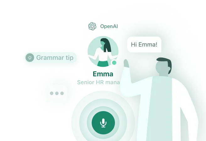 Illustration of AI Conversations feature, showcasing a user interacting with an AI bot named Emma, designed to enhance language skills through real-life scenarios.